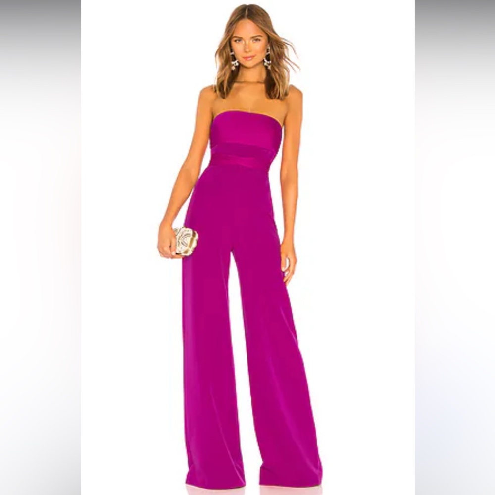 Milly Brooke Strapless silk Magenta Sash Waist Wide Leg Italian Cady Jumpsuit